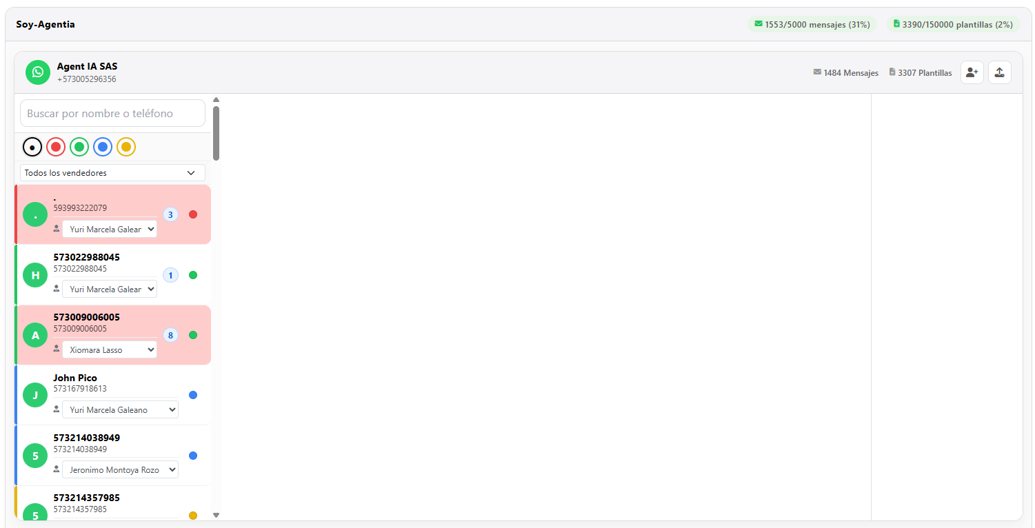 Bandeja de conversaciones del panel de SoyAgentia con los chats de WhatsApp en curso