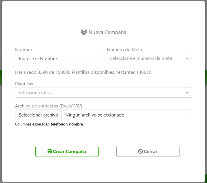 Módulo de campañas del panel de SoyAgentia para mensajes de plantilla de WhatsApp
